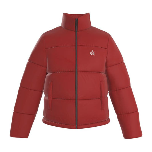 Red puffer jacket with a brand logo on a white background