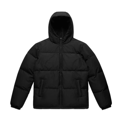 Black puffer jacket on a white background