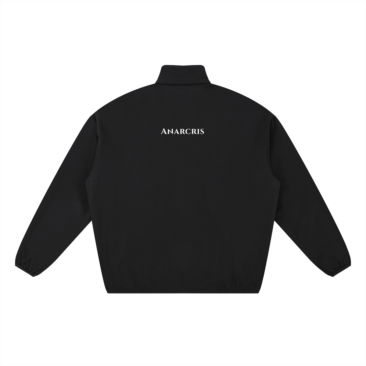 Black long-sleeve quarter-zip jacket with a mock neck collar, shown from the back. Features a small white stylized logo printed vertically on the upper back, displayed on a solid white background.