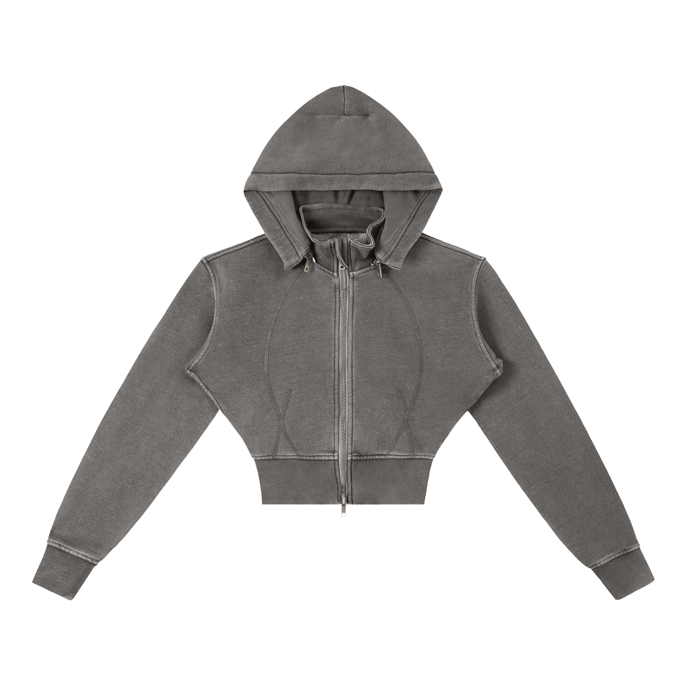 Gray hoodie with a brand logo on a white background