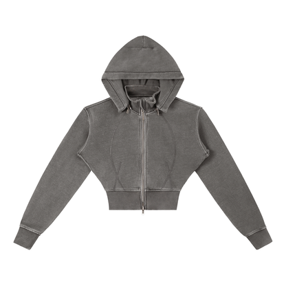 Gray hoodie with a brand logo on a white background