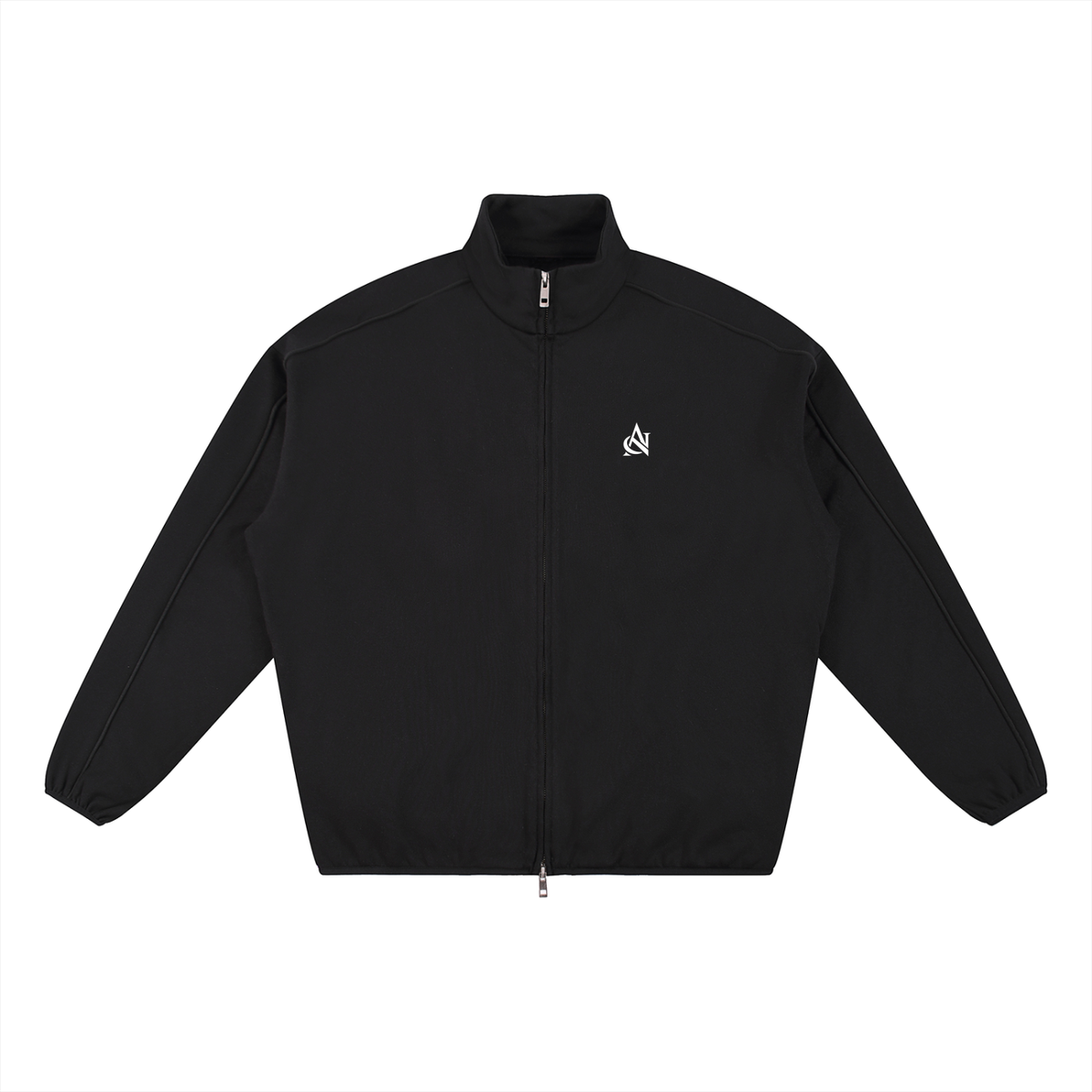 A black zip-up jacket with a stand collar and a small white logo on the left chest, displayed flat against a solid white background.