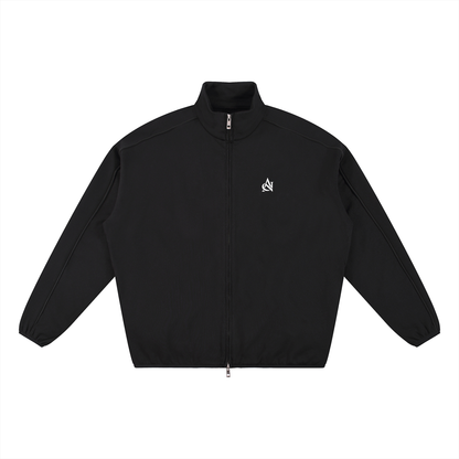 A black zip-up jacket with a stand collar and a small white logo on the left chest, displayed flat against a solid white background.