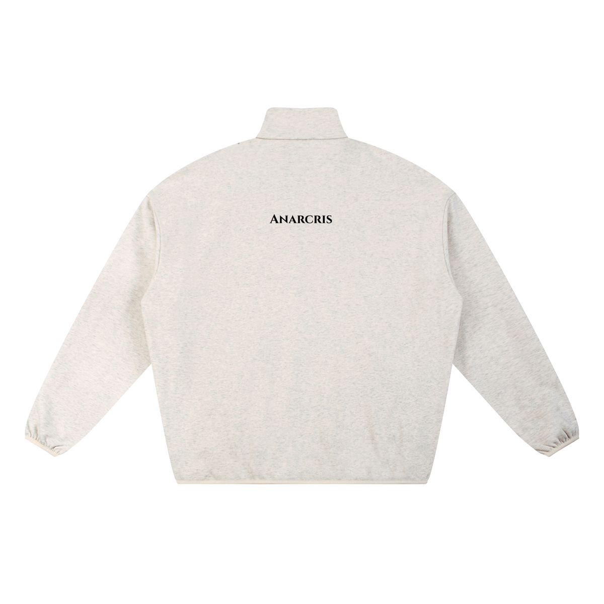 A light heather gray pullover jacket shown from the back, featuring the word 'ANACRIS' printed in black serif letters centered on the upper back.