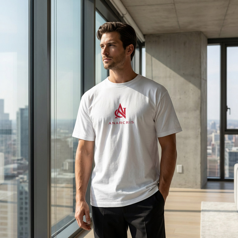 Man wearing a white t-shirt with a logo and text, standing in a modern indoor setting with large windows.
