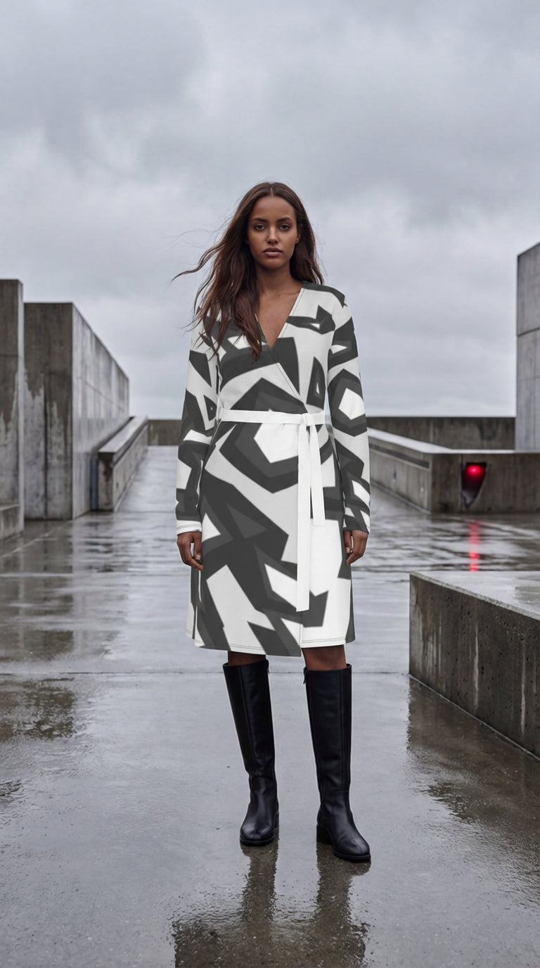 Woman wearing a patterned coat and black boots standing in a rainy, concrete architectural setting.