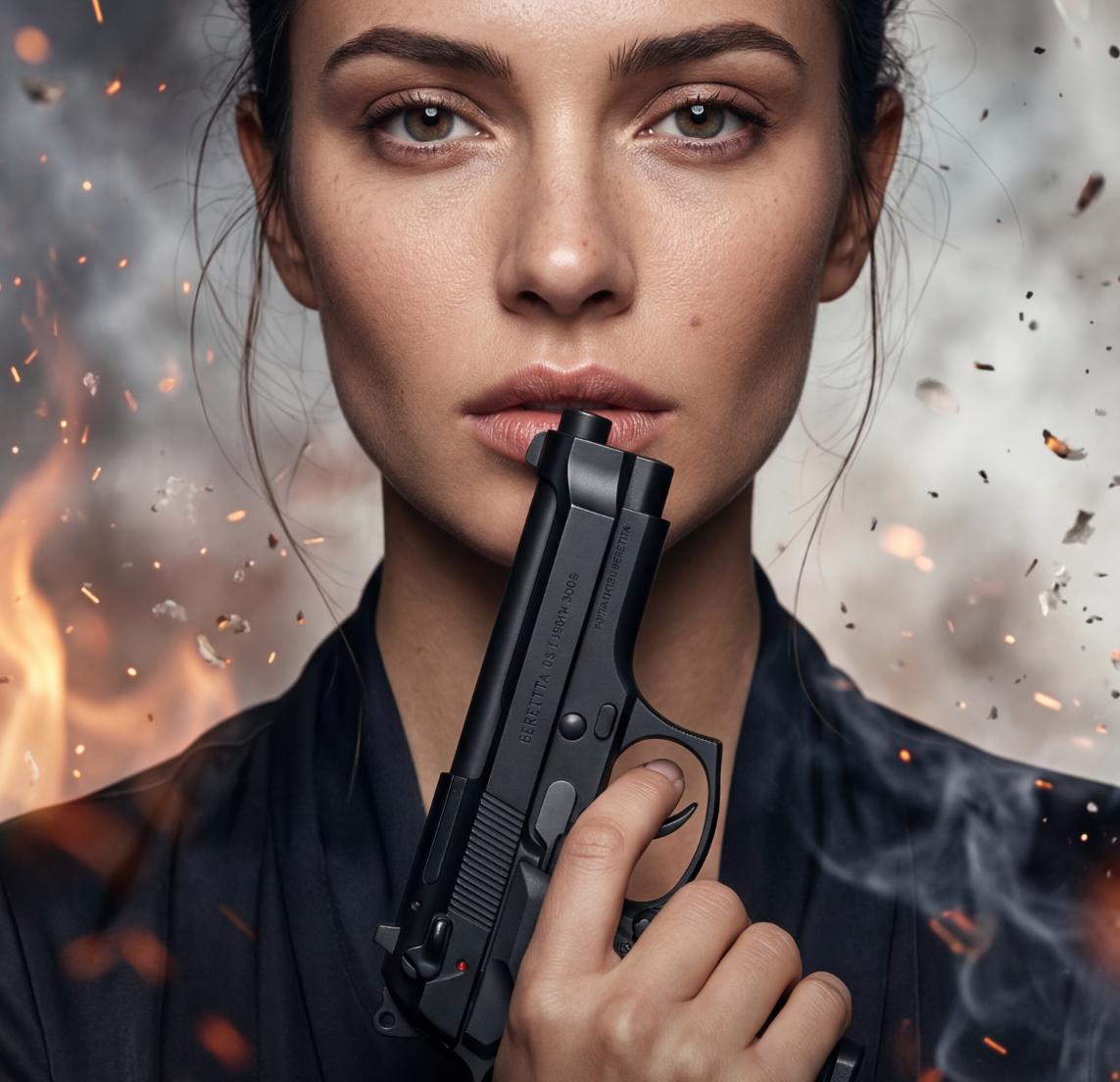 Woman holding a gun with fiery and smoky background, featuring the text 'Schisma Nine' and 'Beauty as a Weapon'.